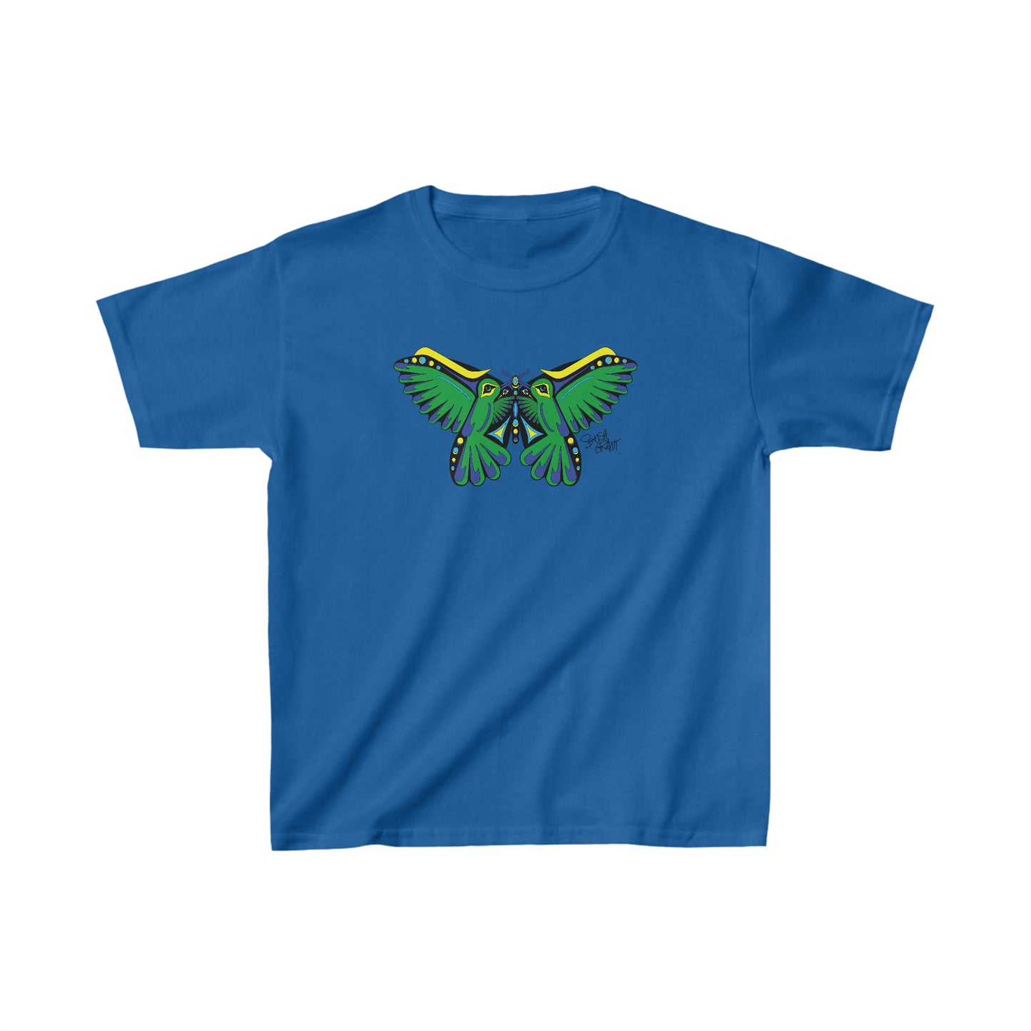 Salish Grant - Hummingbird Green Butterfly Kid's T-shirt art Canada Royal Blue