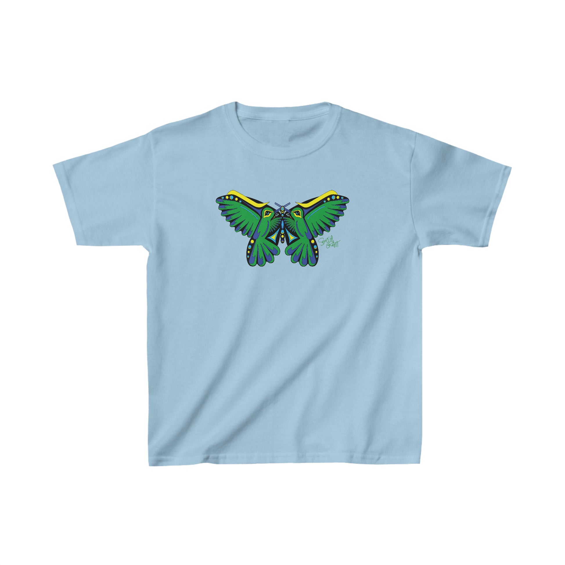 Salish Grant - Hummingbird Green Butterfly Kid's T-shirt art Canada Light Blue