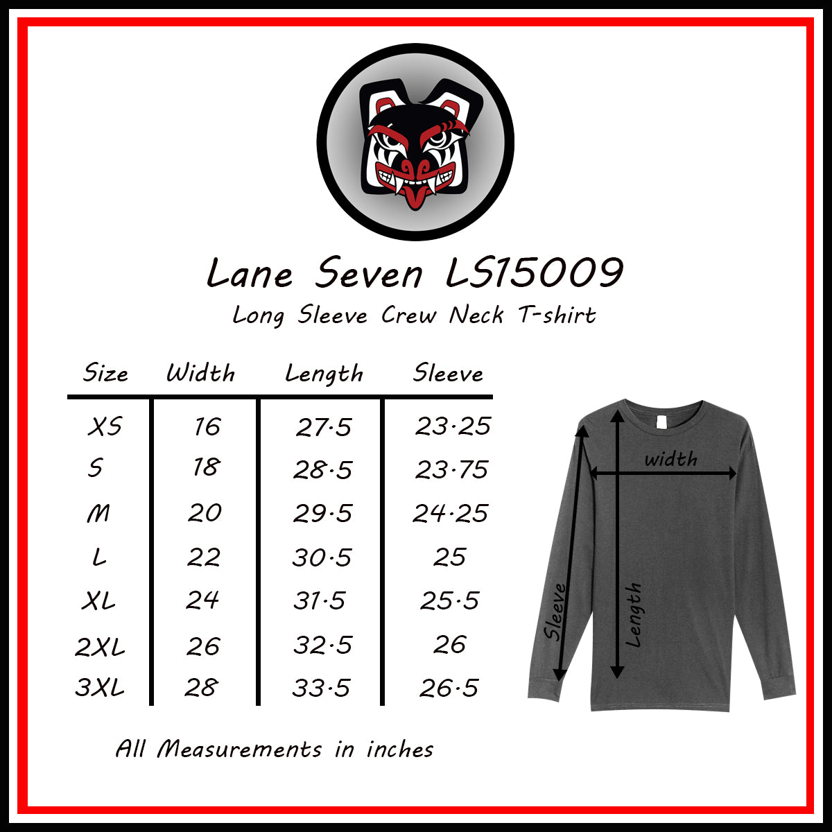 Salish Grant - Crows Lacrosse Team Long Sleeve T-shirt Authentic Coast Salish art Size Chart