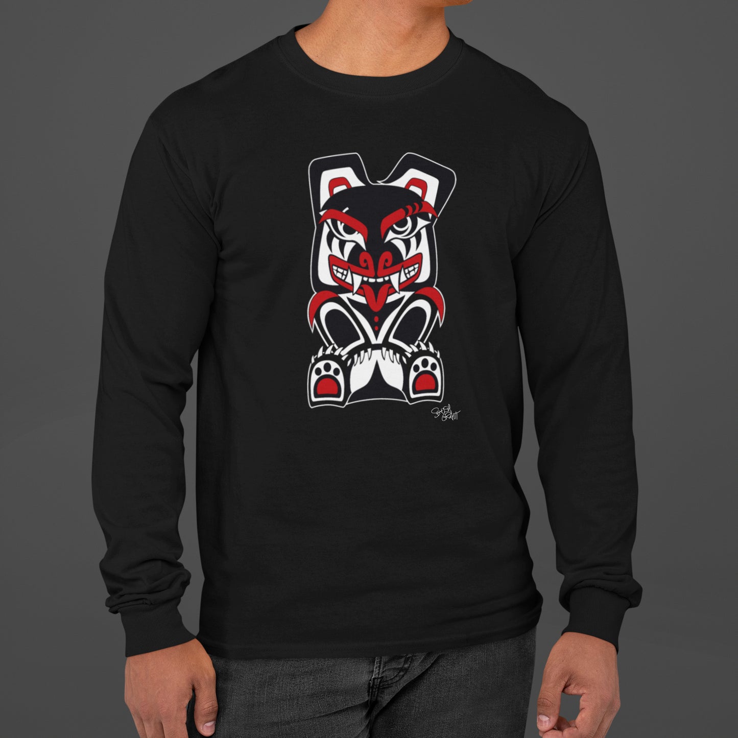 Salish Grant - Papa Bear Long Sleeve Tee Authentic collection of Coast Salish Art Streetwear Unisex Sweatshirt Poly/Cotton Blend XS,S,M,L,XL,2XL,3XL Vancouver Canada Black