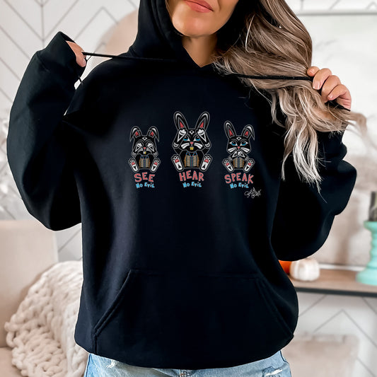 Salish Grant - See Hear Speak No Evil Hoodie Coast Salish art Canada Black