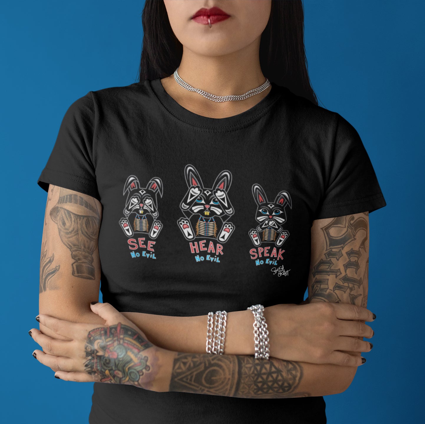 Salish Grant - See Hear Speak No Evil fitted Tee Coast Salish art Cad