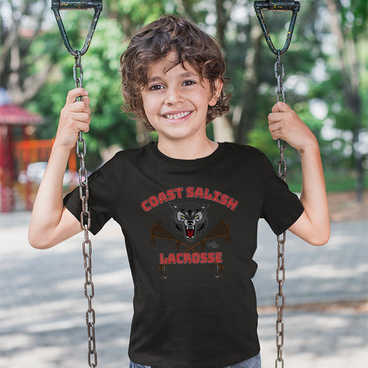 Salish Grant - Wolf Pack Lacrosse Team Kid's T-shirt Coast Salish art Black