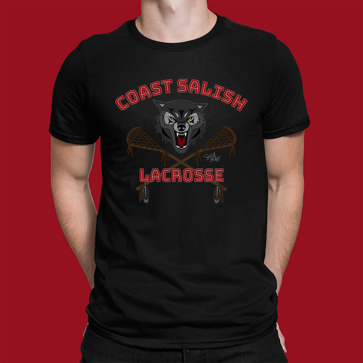 Salish Grant - Wolf Pack Lacrosse Team T-Shirt Coast Salish art Canada Black