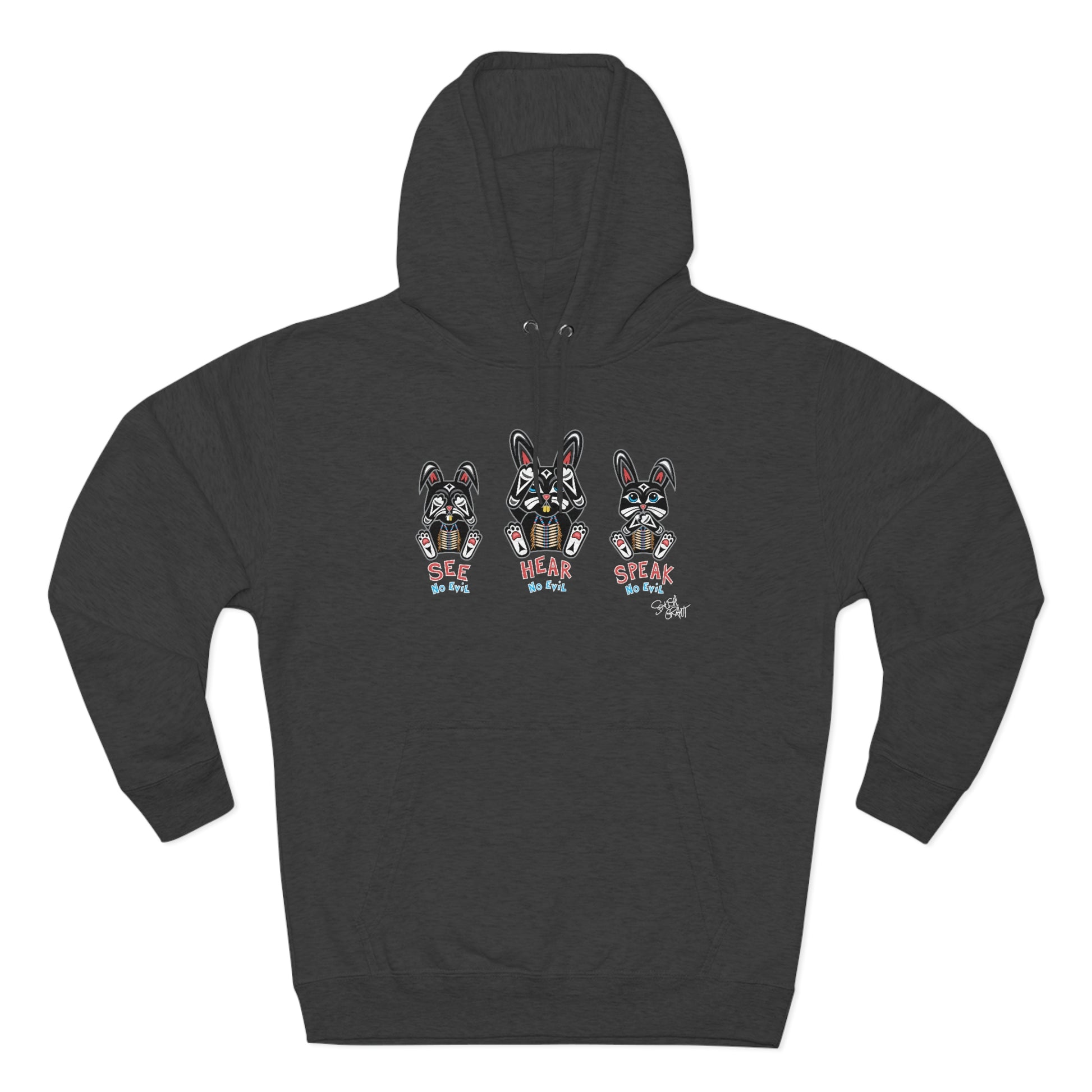 Salish Grant - See Hear Speak No Evil Premium Hoodie Coast Salish art Heather Charcoal