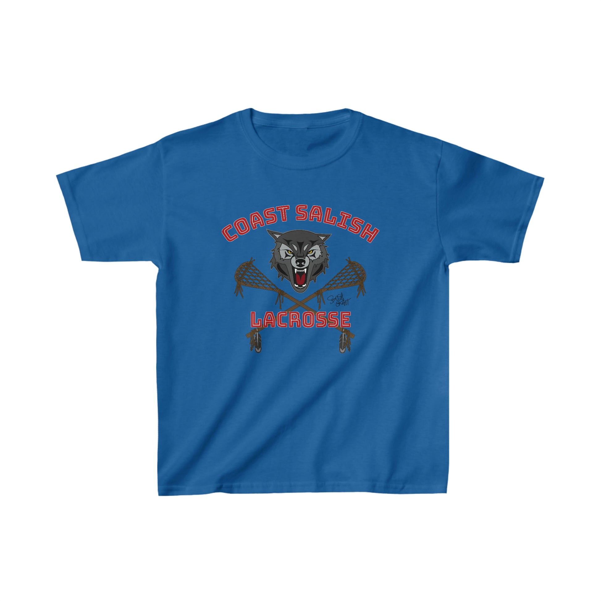 Salish Grant - Wolf Pack Lacrosse Team Kid's T-shirt Coast Salish art Royal Blue