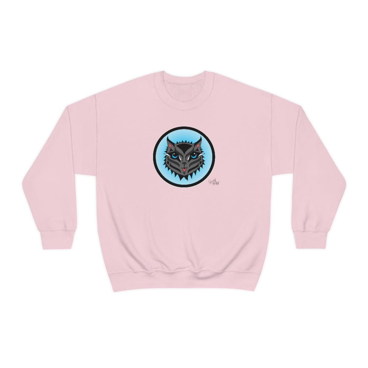 Salish Grant - Boujee Rez Cat Blue Baller sweatshirt Coast Salish art Light Pink